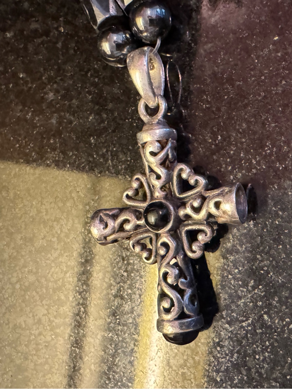 Sterling Silver & Onyx Filigree Cross  Necklace Pendant - Vintage